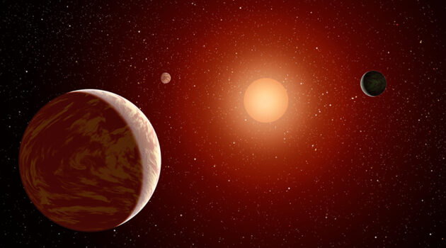 This NASA artist's concept illustrates a young, red dwarf star surrounded by three planets.