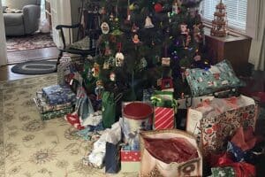Wrapped gifts sit under a Christmas tree