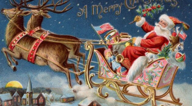 vintage postcard image of Santa Claus in his sleigh pulled by two reindeer