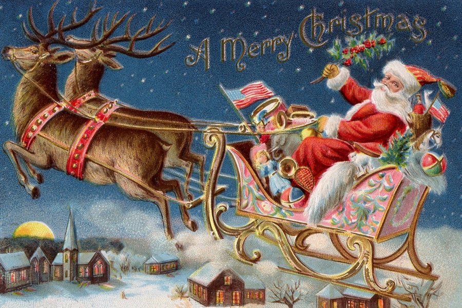 vintage postcard image of Santa Claus in his sleigh pulled by two reindeer