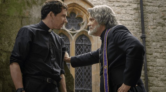 Father Jud Duplenticy (Josh O'Connor), and Msgr. Jefferson Wicks (Josh Brolin) star in a scene from the movie "Wake Up Dead Man: A Knives Out Mystery."