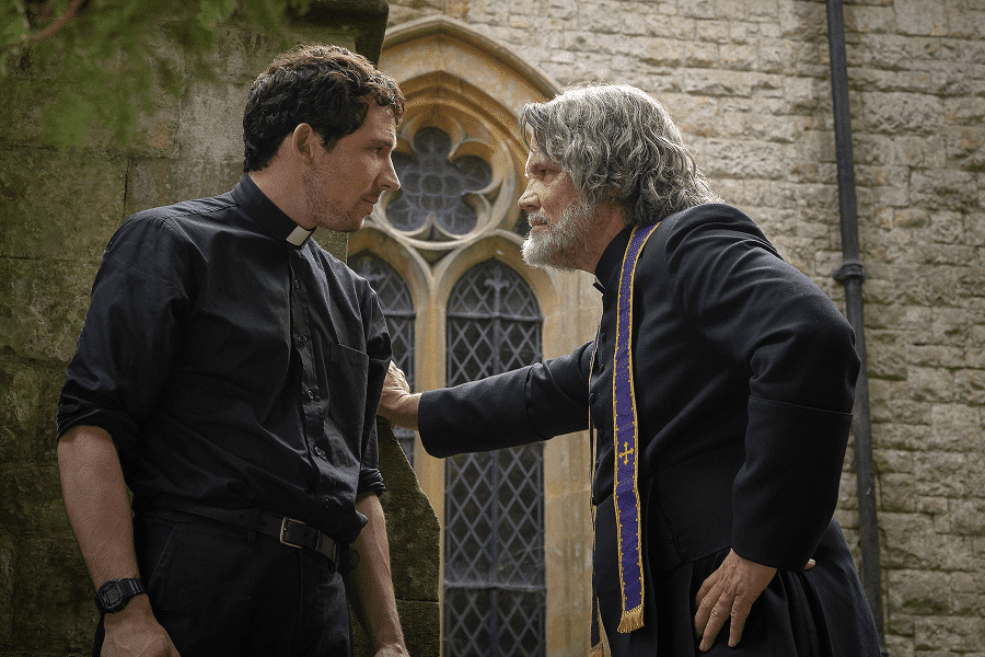 Father Jud Duplenticy (Josh O'Connor), and Msgr. Jefferson Wicks (Josh Brolin) star in a scene from the movie "Wake Up Dead Man: A Knives Out Mystery."