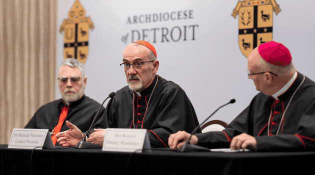 Cardinal Pierbattista Pizzaballa speaks at a news conference