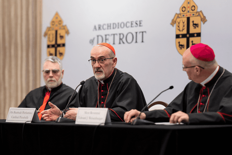 Cardinal Pierbattista Pizzaballa speaks at a news conference