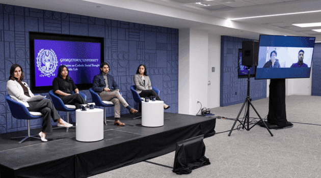 Paula Fitzgerald, Roxana Rueda Moreno, moderator Christian Soenen, and Rosa Reyes attend an in-person and live-streamed Latino leader gathering on "Making Life Unbearable: The Impacts of Immigration Enforcement on Families and Communities"