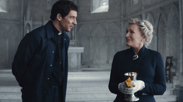 Josh O'Connor and Glenn Close star in a scene from the movie. "Wake Up Dead Man: A Knives Out Mystery."