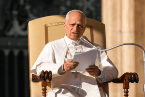 Pope Leo XIV talks during general audience