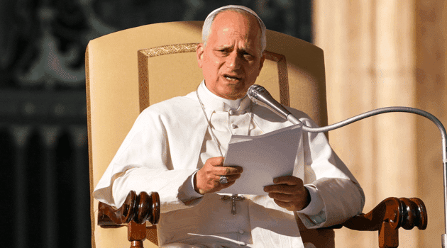 Pope Leo XIV talks during general audience