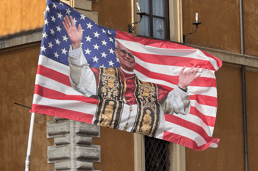 A U.S. flag with a photo of Pope Leo XIV