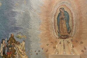 Mosaic shows Our Lady of Guadalupe and saints