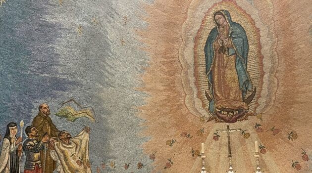 Mosaic shows Our Lady of Guadalupe and saints