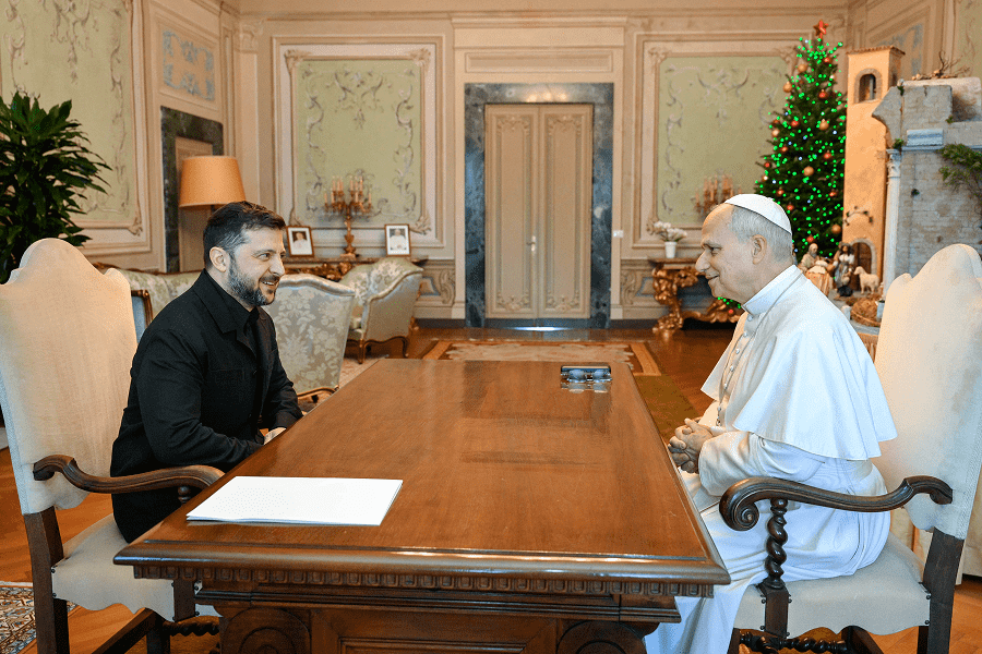 Ukrainian President Volodymyr Zelenskyy greets Pope Leo XIV