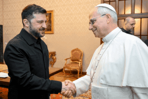 Ukrainian President Volodymyr Zelenskyy greets Pope Leo