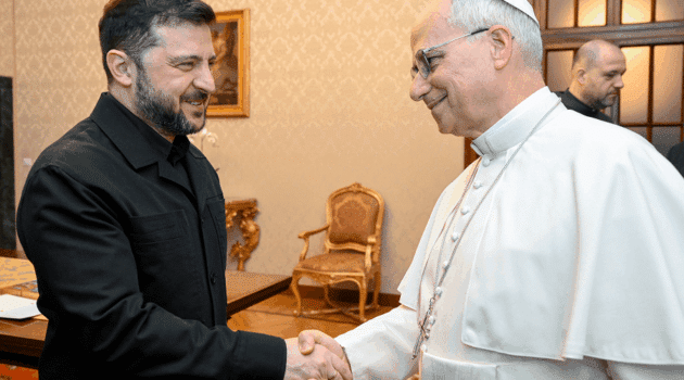 Ukrainian President Volodymyr Zelenskyy greets Pope Leo