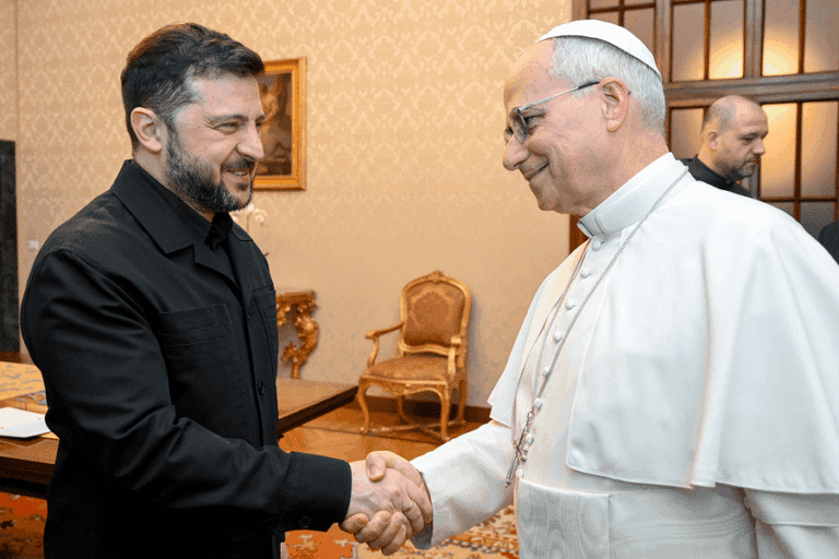 Ukrainian President Volodymyr Zelenskyy greets Pope Leo