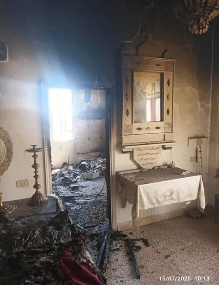 The Greek Melkite Church of St. Michael in the Sweida village of Al-Sura, in Syria, was attacked and set ablaze