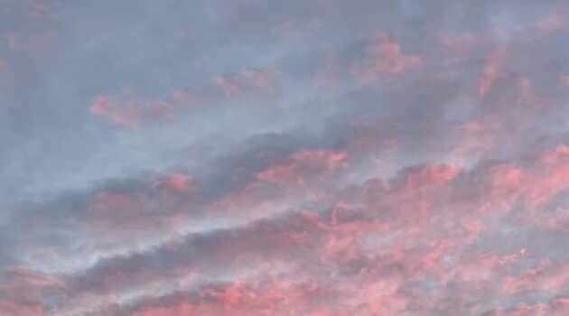 Pink streaks across a pale blue ksy at sunrise