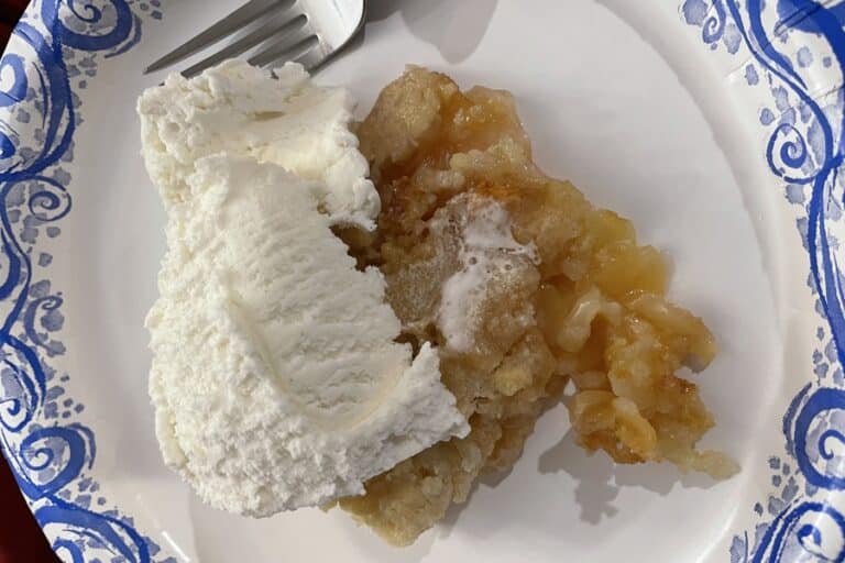 Apple crisp with vanilla ice cream on a paper plate
