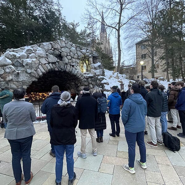 Amid clash with Notre Dame administration, students pray for life with Bishop Rhoades at university grotto