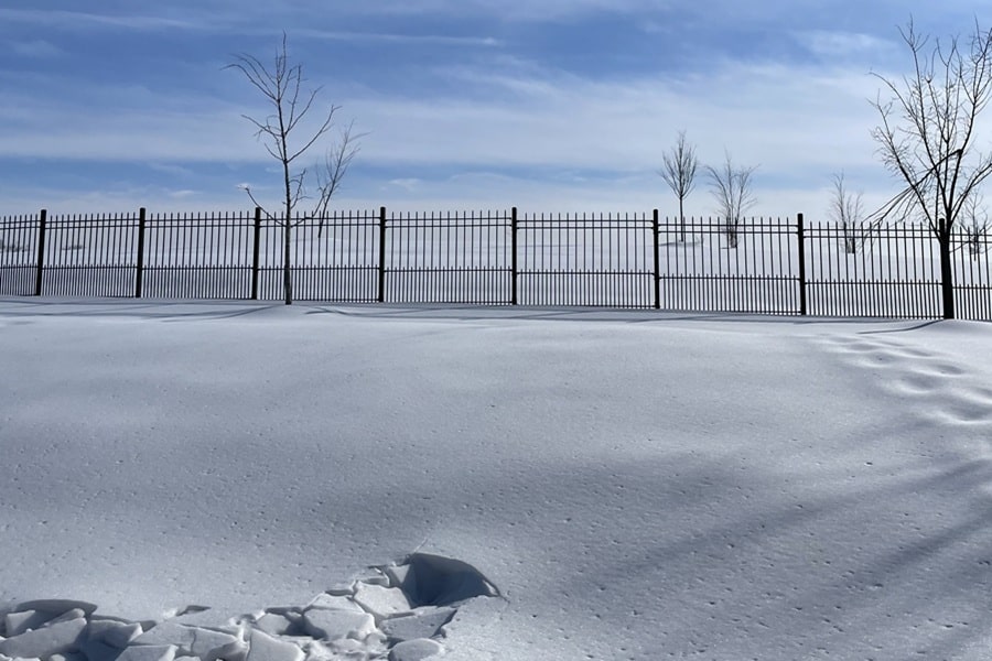 A snowy field with a fence under a blue sky