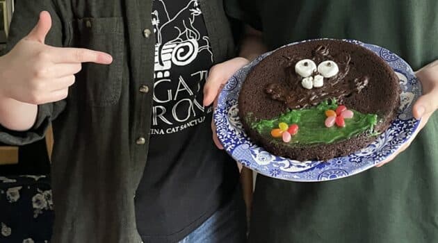 Hand pointing toward a groundhog cake