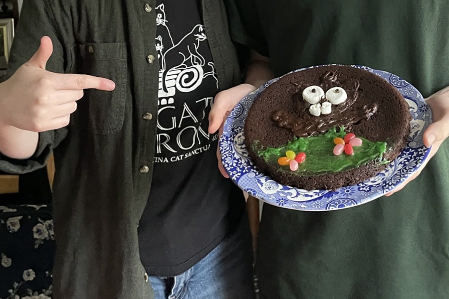 Hand pointing toward a groundhog cake