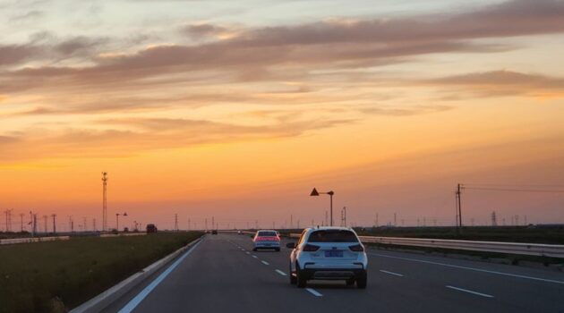 A car drives on a road at sunset