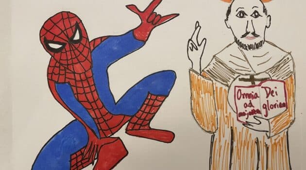 Drawing of Spider-Man and St. Ignatius of Loyola