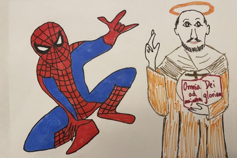 Drawing of Spider-Man and St. Ignatius of Loyola