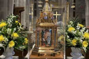 Relics of St. Bernadette stand on the altar at the Cathedral of Mary Our Queen in Baltimore