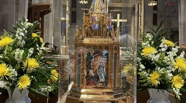 Relics of St. Bernadette stand on the altar at the Cathedral of Mary Our Queen in Baltimore