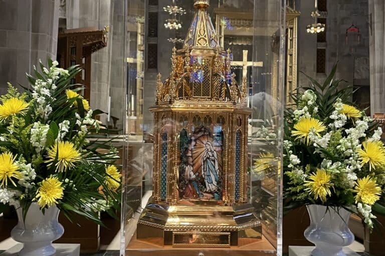Relics of St. Bernadette stand on the altar at the Cathedral of Mary Our Queen in Baltimore