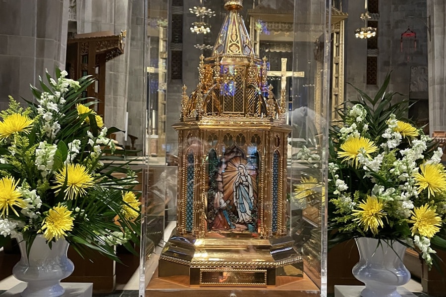 Relics of St. Bernadette stand on the altar at the Cathedral of Mary Our Queen in Baltimore